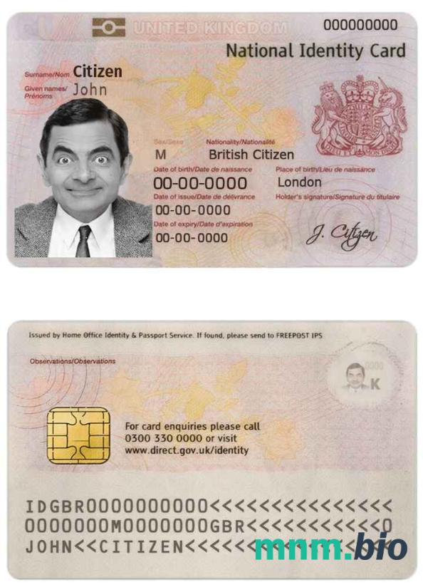 Szablon dowodu osobistego Wielkiej Brytanii (Identity Card) w PSD, w pełni edytowalny